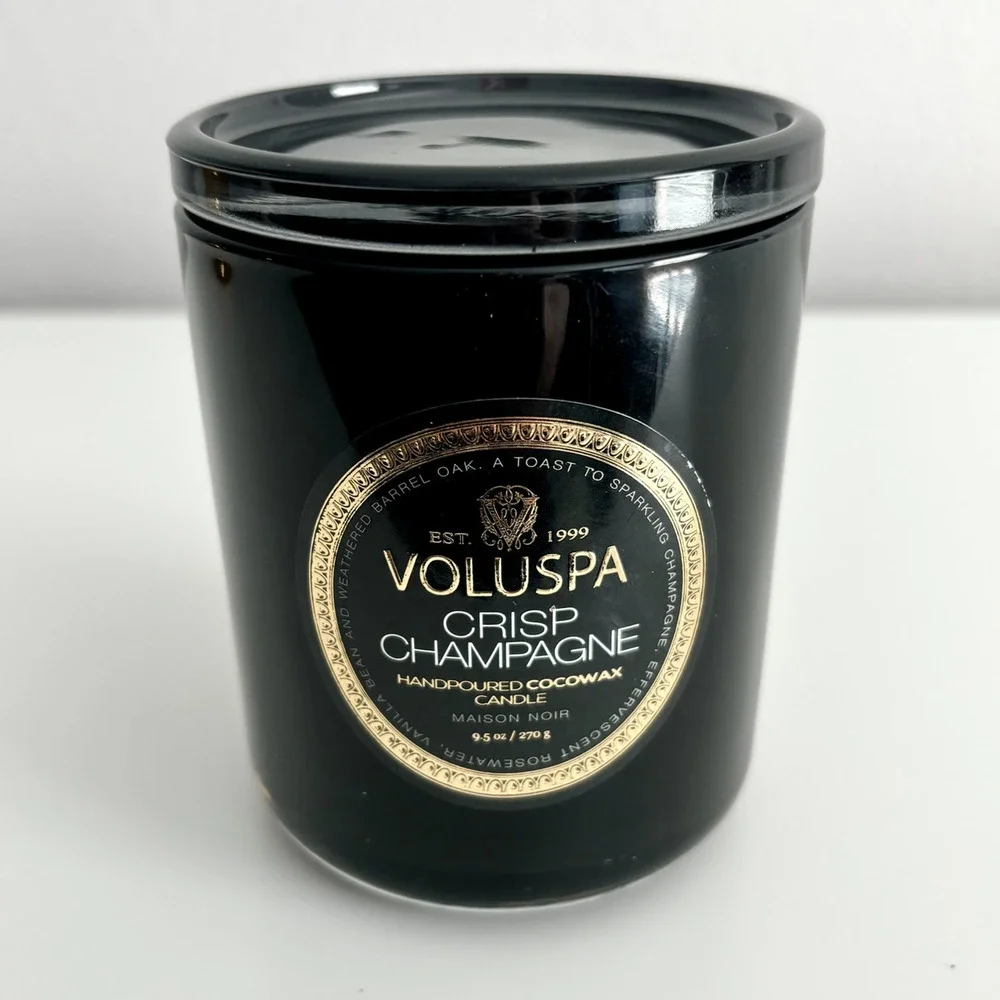 Used Voluspa Crisp Champagne Classic Candle w/ Lid Black Glass Cocowax 9.5oz